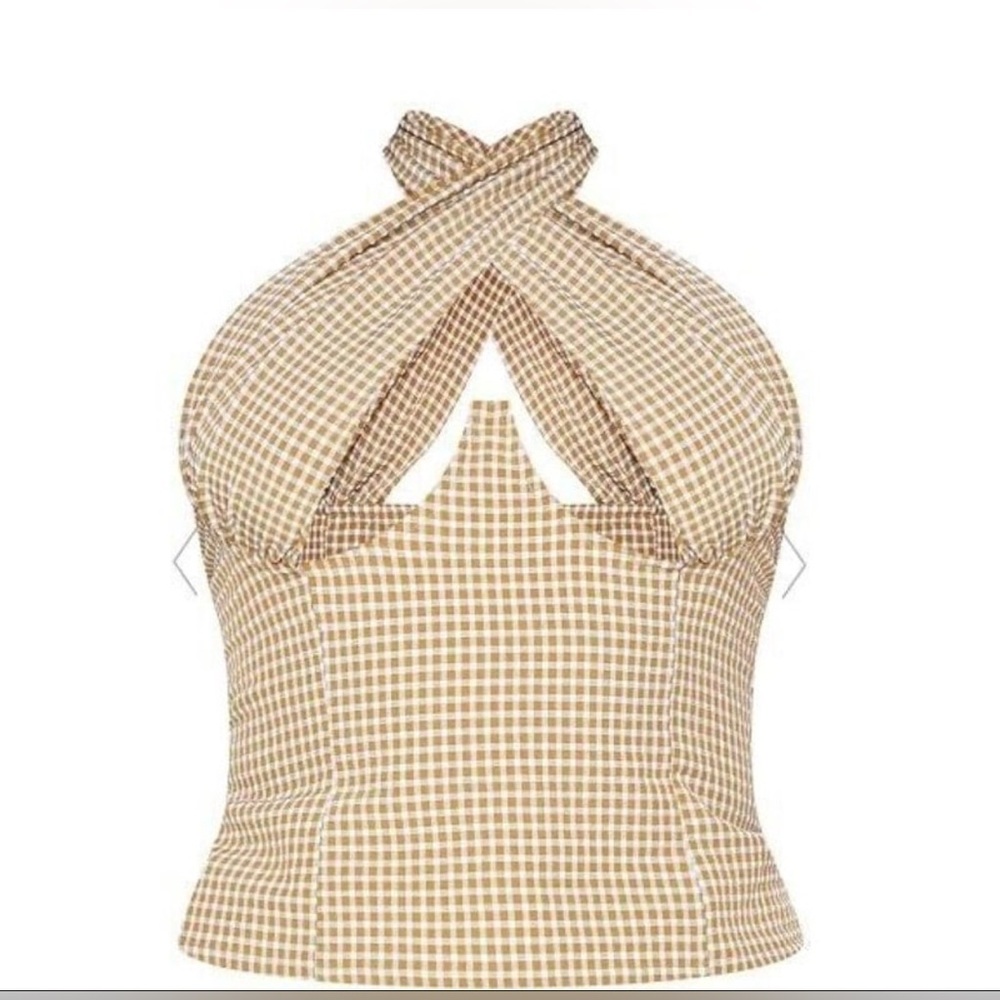 Pretty Little Thing Brown Woven Check Print Cross Over Zip Top Size 18 NWT